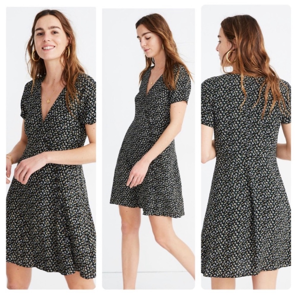 Madewell Womens Button Wrap Dress in Playground Posies Size 8 Black Floral L1924